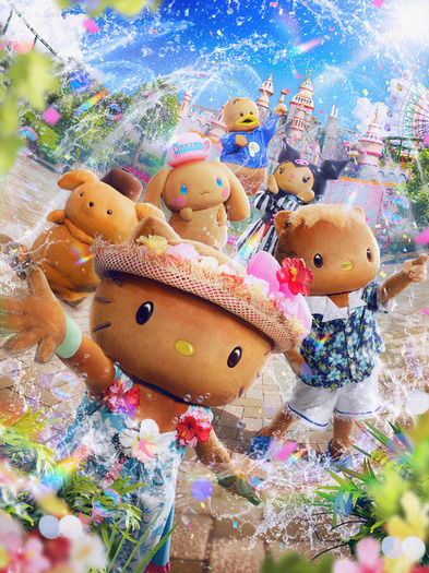 ハーモニーランド　はちゃめちゃサマーパーリー　日焼け　ポムポムプリンセット サンリオ」日焼けしたポムポムプリン、シナモロール、クロミたちが登場