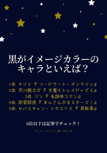 黒がイメージカラーのキャラといえば 3位 コナン ジン 2位 文スト 芥川龍之介 1位は 21年版 2枚目の写真 画像 超 アニメディア