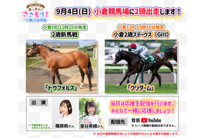 声優・篠原侑＆星谷美緒と一緒に、競走馬を応援しよう！ 9月4日に「がんばれ！クリダーム＆ドウフォルス」生配信 画像