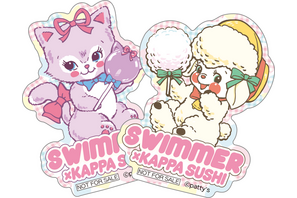 「SWIMMER」×かっぱ寿司コラボ！ キャミーやラッフィーのレトロポップなデザインが可愛すぎる♪ 食べ放題にチャレンジしてオリジナルステッカーをゲットしよう！ 画像