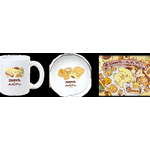 左から)　マグカップ、プレート、ランチョンマット