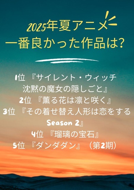 [2025年夏アニメ（7月クール）で一番良かった作品は？]第1位～第5位まで