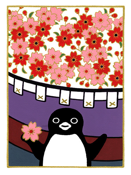 最新作版画「ペンギン花札  三月 桜」34x24cm