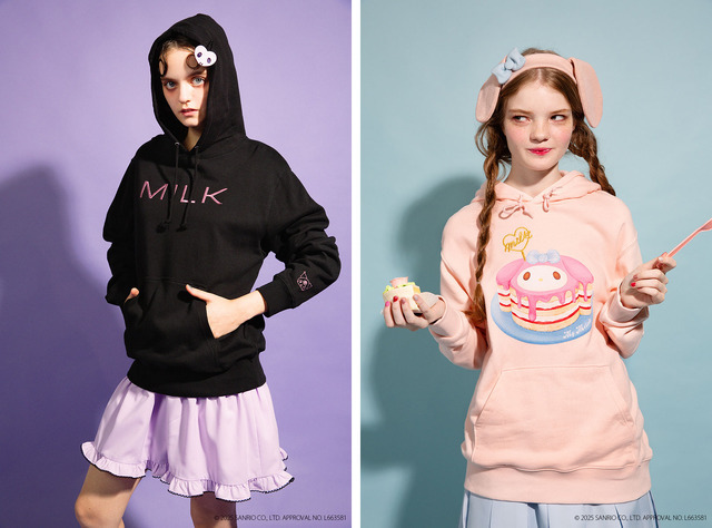 左)クロミ HOODIE 19,580円　右)マイメロディ ケーキ パーカー 19,910円、マイメロディ イヤーヘアバンド 10,450円（全て税込）