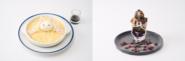 「東京スカイツリー×魔法少女まどか☆マギカ　月夜のワルツ」キュゥべえのホワイトドリア（左）、ワルプルギスの夜パフェ