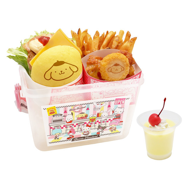 POMPOMPURIN 30th Anniversary メニュー「ポムポムプリンのアニバーサリーベーコンチーズバーガーバスケット」