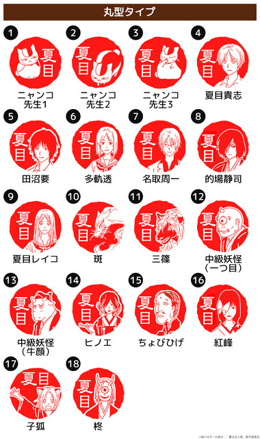TVアニメ『夏目友人帳』夏目はんこ帳 遊印スタンプコレクション　キャラクタービジュアルは全18種（丸型タイプ）