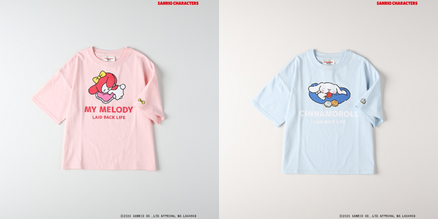 サンリオキャラクターズ×ライトオン　「プリントTシャツ（KIDS）」ピンク（マイメロディ）、サックス（シナモロール）