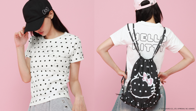 ハローキティ×ALAND　ラインストーンリボンキャップ、ラインストーンチビＴシャツ、ＡロゴＴシャツ、ドットナップサック