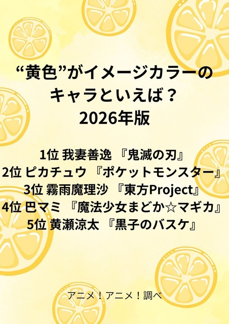 [“黄色”がイメージカラーのキャラといえば？ 2026年版]第1位～第5位を一気に見るならコチラ