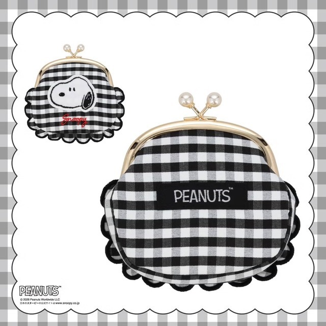 粧美堂【PEANUTS】スヌーピー ギンガムチェックシリーズ 　「ガマ口ポーチ ＜BLACK＞」