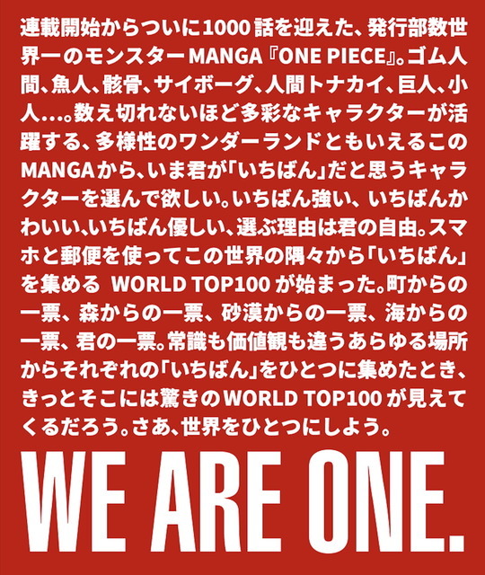 「第1回 ONE PIECEキャラクター世界人気投票 WT100（ワールドトップ100）」（C）尾田栄一郎／集英社