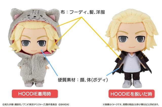 「HOODIEFiGU(フーディフィギュ) 東京リベンジャーズ」顔とボディの部分が硬いフィギュアテイストで、髪や洋服といったパーツが布などの柔らかい素材（C）和久井健・講談社／アニメ「東京リベンジャーズ」製作委員会（C）BANDAI
