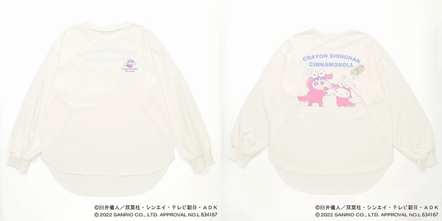 「クレヨンしんちゃん×シナモロール 裾ラウンド長袖Ｔシャツ（ステッカー付）」アイボリー 2,838円（税込）（C）臼井儀人／双葉社・シンエイ・テレビ朝日・ADK（C）2022 SANRIO CO．，LTD．TOKYO．JAPAN（L）