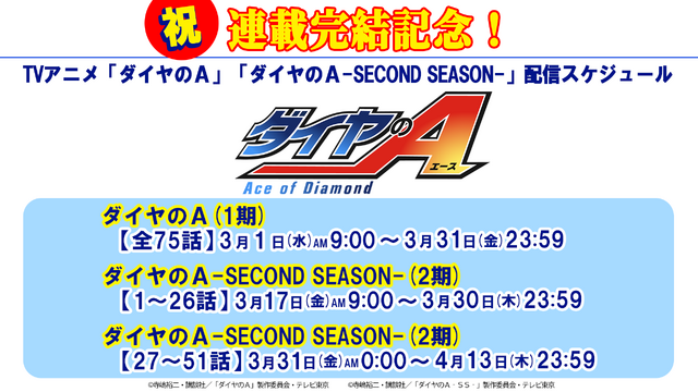 『ダイヤのA』『ダイヤのA -SECOND SEASON-』配信スケジュール（C）寺嶋裕二・講談社／「ダイヤのＡ」製作委員会・テレビ東京（C）寺嶋裕二・講談社／「ダイヤのA‐SS‐」製作委員会・テレビ東京