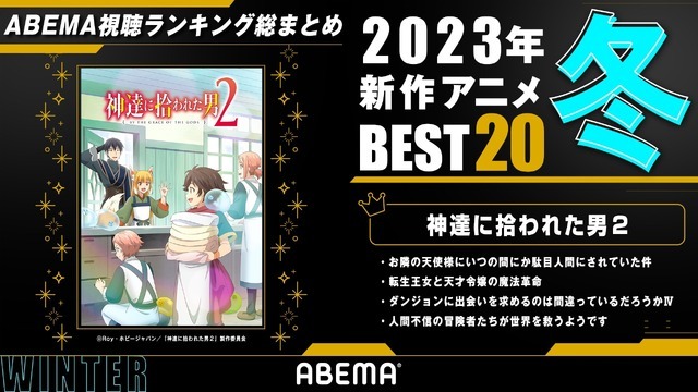 2023年冬アニメ視聴ランキング（2023年1月～3月放送）(C)Roy・ホビージャパン／『神達に拾われた男２』製作委員会（C）ABEMA