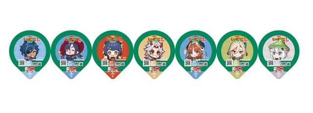 『原神（げんしん）』×「じゃがりこ」フタ 左からガイア、モナ、香菱（シャンリン）、荒瀧一斗、ニィロウ、カーヴェ、パイモン（C）COGNOSPHERE