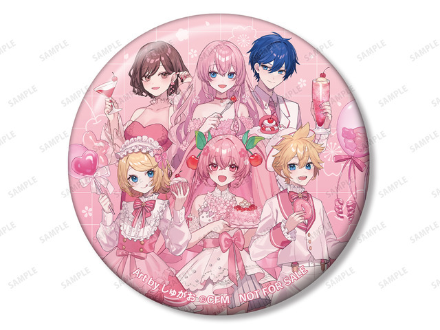 「『桜ミク』 POP UP STORE in ロフト」「描き下ろし 集合 桜パーティーver. Art by しゅがお 75mm缶バッジ イベント限定特典」Art by しゅがお（C）Crypton Future Media, INC. www.piapro.net