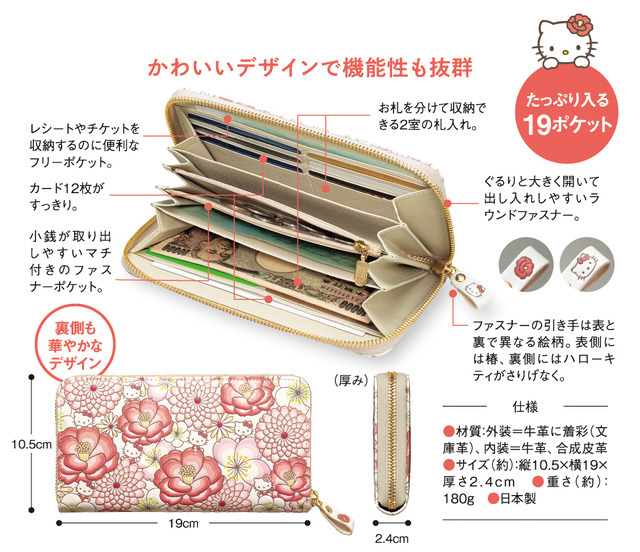 「ハローキティ 花あそび 浅草文庫 牛革製長財布」43,780円（税込）（C）2024 SANRIO CO., LTD. APPROVAL NO.L648992