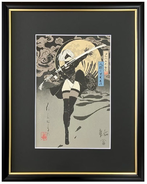 【最終値下げ】浮世絵 女性の姿 版画本物 黒フレーム NieR:Automata」2B、凛と立つ姿が美しい…！浮世絵木版画が数量限定で
