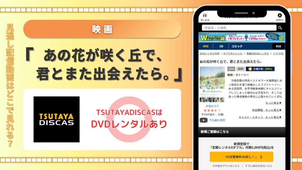 映画あの花が咲く丘で、君とまた出会えたら。配信TSUTAYADISCAS無料視聴