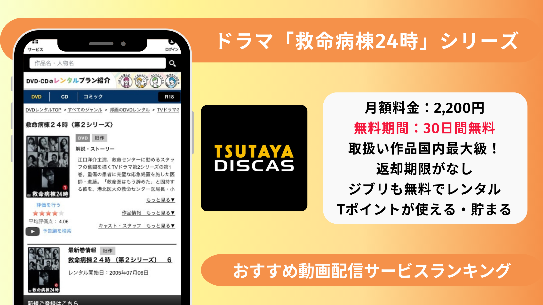 ツタヤディスカス ドラマ 救命病棟24時 無料視聴