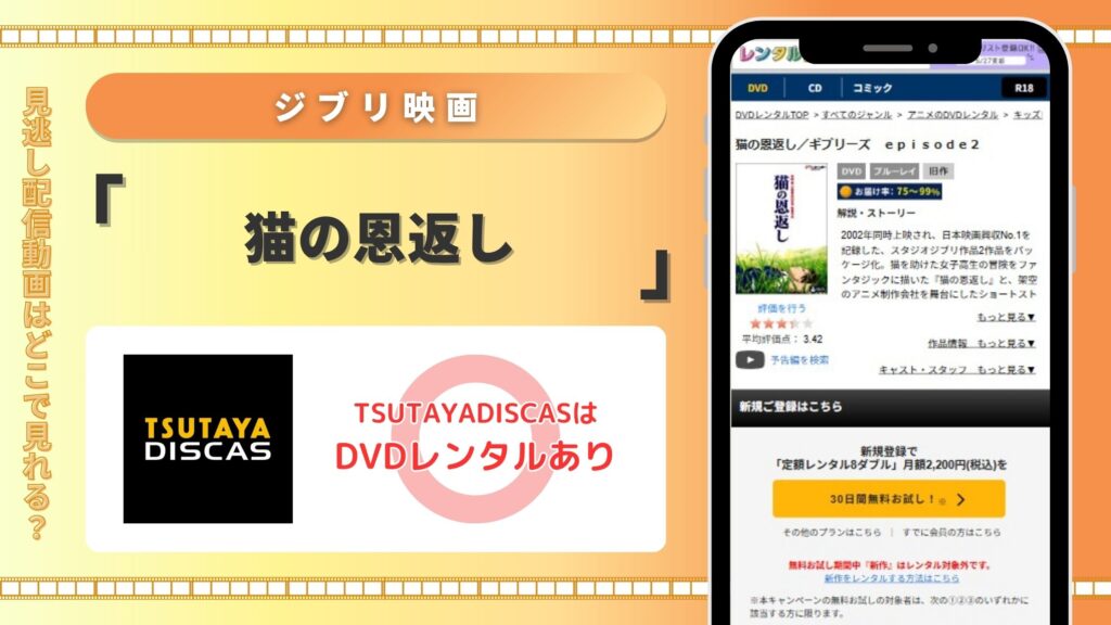 ジブリ映画猫の恩返し配信TSUTAYADISCAS無料視聴