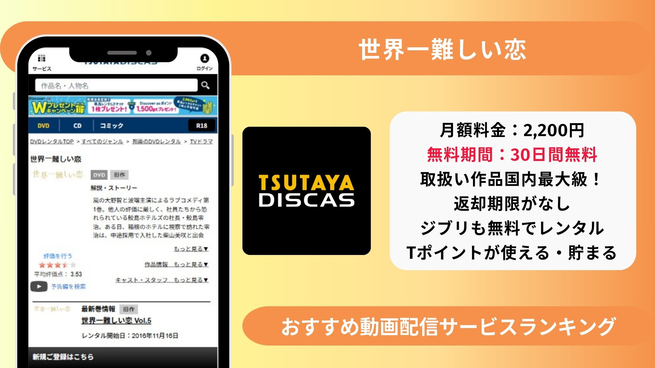 ドラマ世界一難しい恋配信TSUTAYADISCAS無料視聴