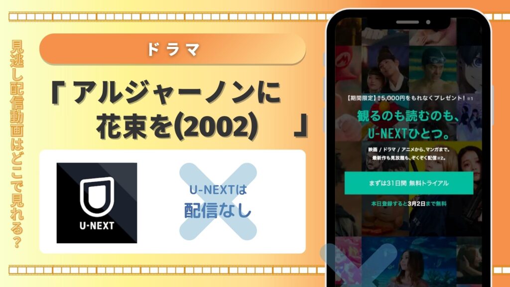 U-NEXTの見放題でドラマ「アルジャーノンに花束を(主演 ユースケ・サンタマリア)」(2002)の配信ある?