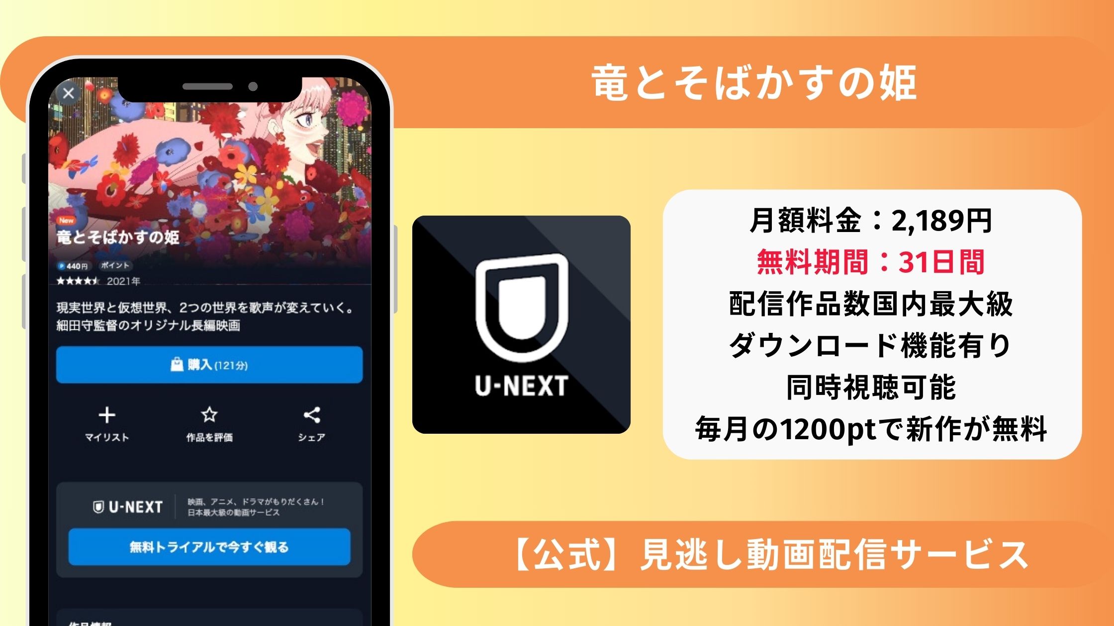 U-NEXT 映画 竜とそばかすの姫 無料視聴